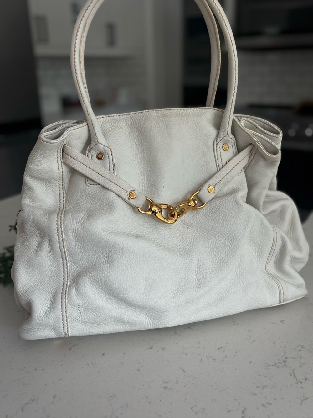 Celine White Leather Shoulder Bag with Gold Hardware